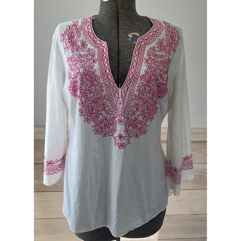 Katherine‎ New York Women's Medium Tunic Blouse Pink  Embroidered Long Sleeve